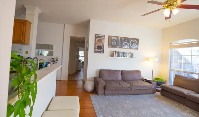 a living room with furniture and a potted plant