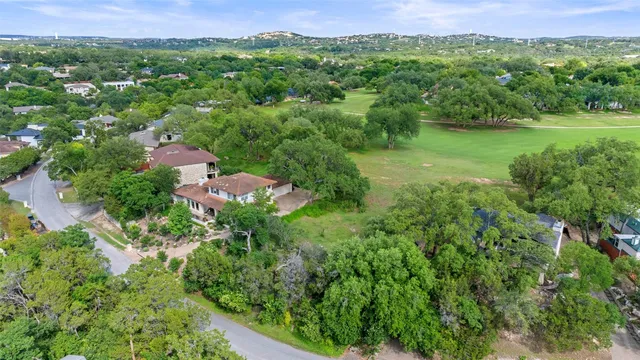 an aerial view of green landscape with trees houses and mountain view