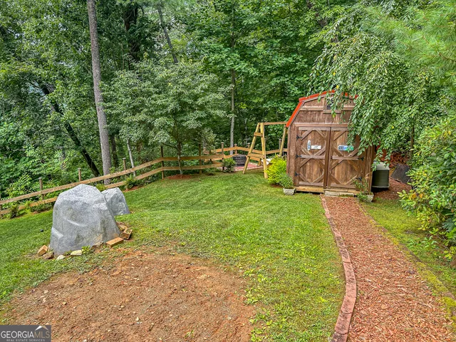 a garden view with a seating space