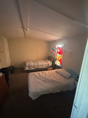 a bedroom with two beds and a fireplace