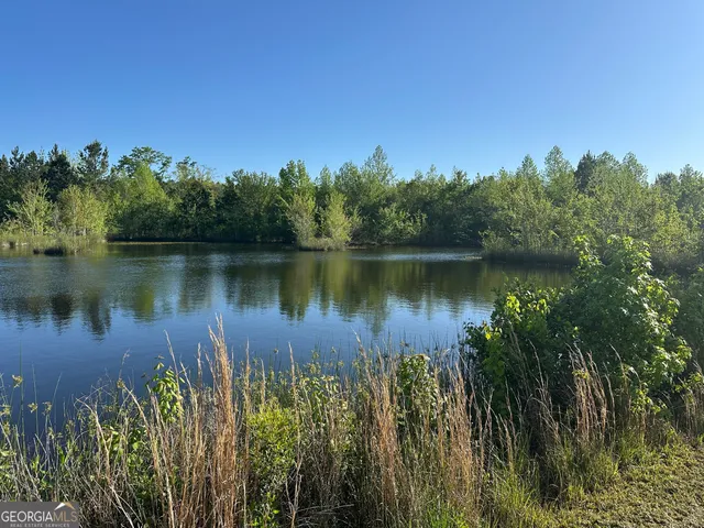 a view of a lake with houses in the back