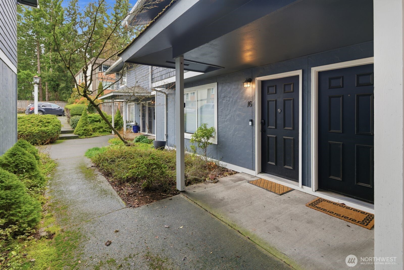 a view of a house with backyard and tree