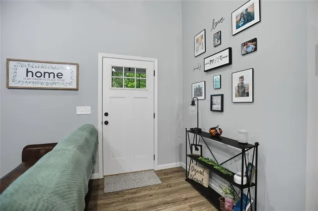 a view of a hallway with workspace