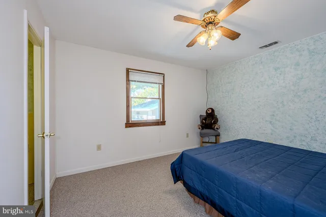 a bedroom with a bed and a chandelier fan