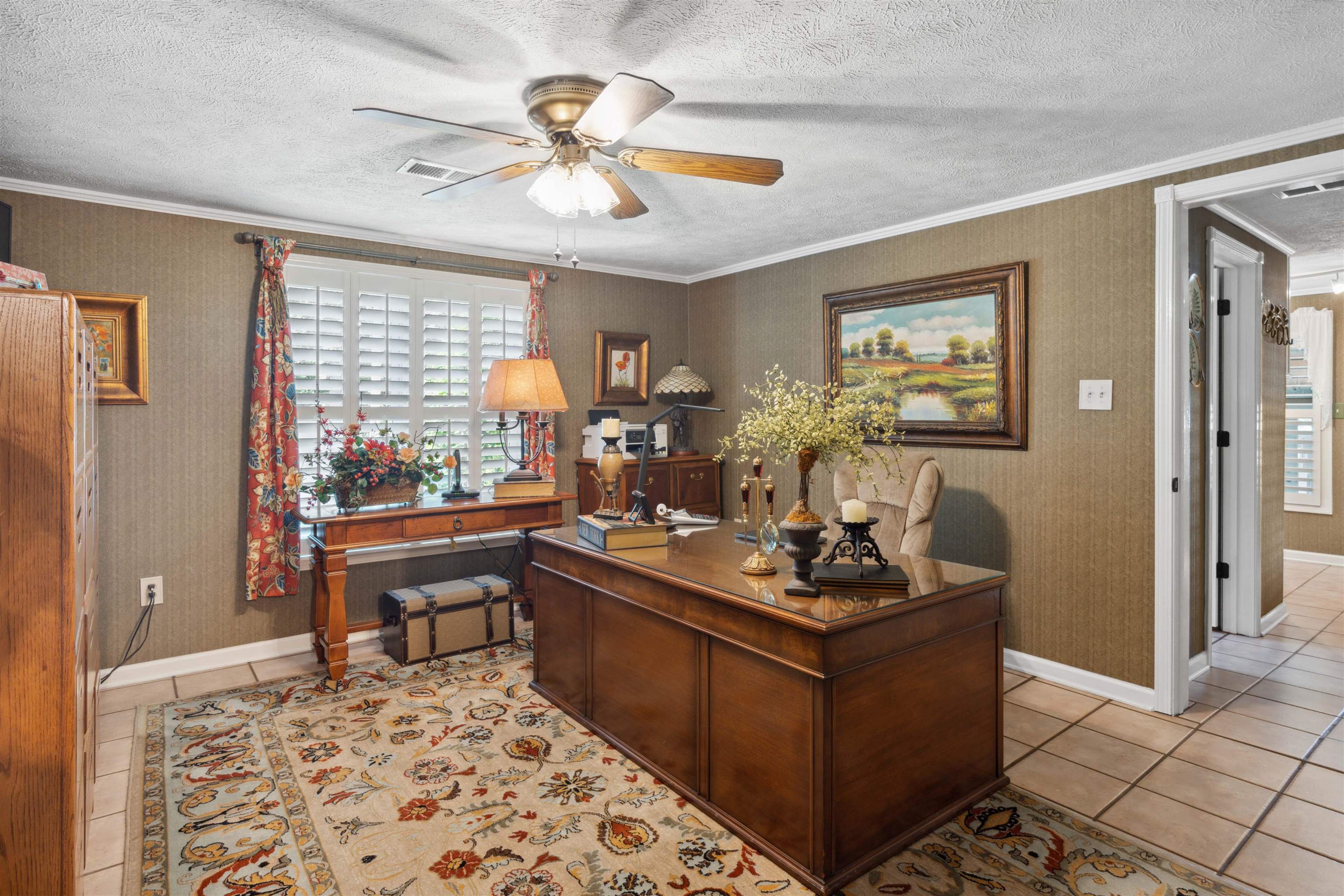 155 Carlins Road Hornsby, TN 38044 - Photo 21 of 40 Office featuring a textured ceiling, ceiling fan, ornamental molding, and light tile patterned floors