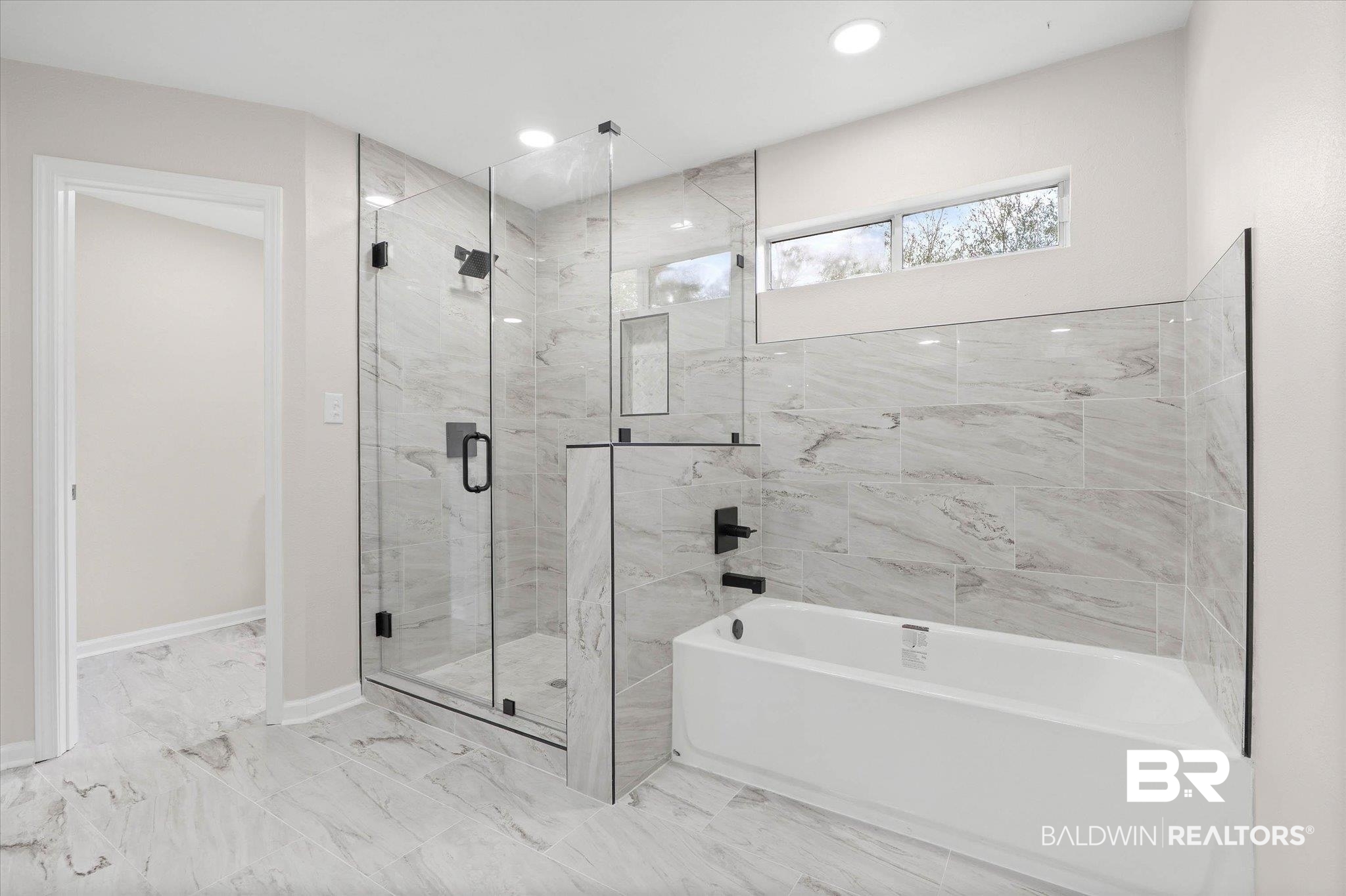 106 Melanie Loop Daphne, AL 36526 - Photo 15 of 45 Full bath featuring a garden tub, a marble finish shower, light marble finish flooring, and recessed lighting