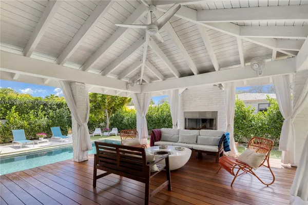 a living room with patio furniture and a fireplace