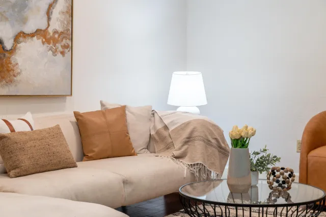a living room with furniture flowerpot and a rug