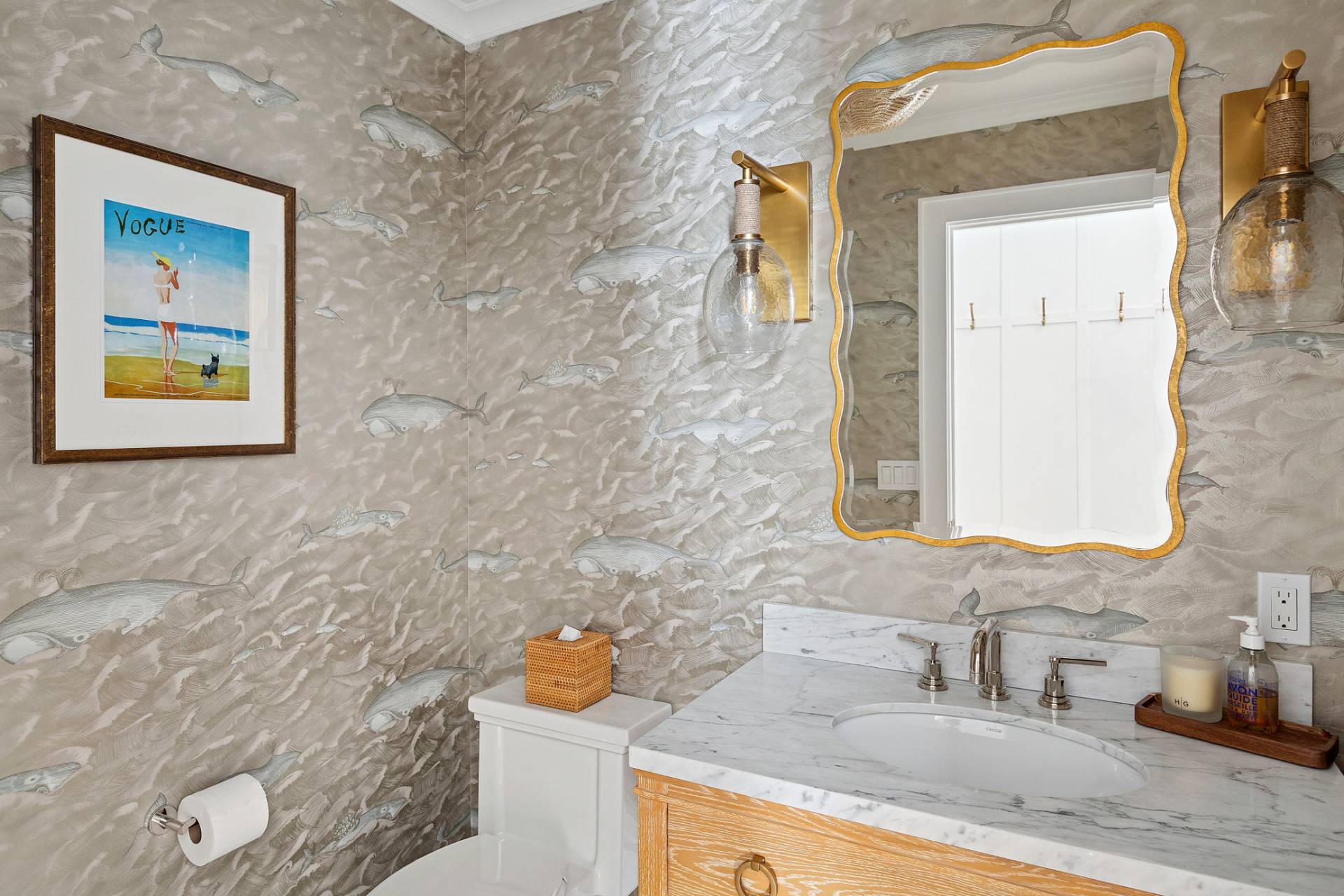 9 Reed Pond Court Water Mill, NY 11976 - Photo 6 of 13 a bathroom with a granite countertop sink and a mirror