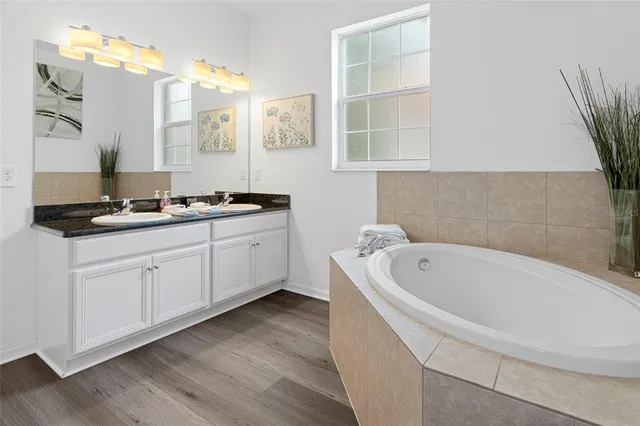 a bathroom with a tub sink and mirror
