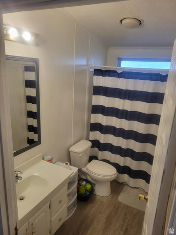 2180 North 1950th Street West Helper, UT 84526 - Photo 8 of 11 Bathroom featuring vanity, a shower with shower curtain, and dark wood finished floors