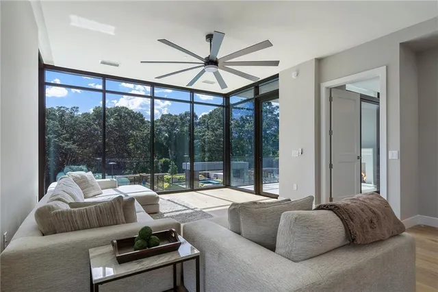 a view of a balcony with furniture