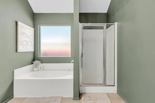 a bathroom with a bathtub and shower