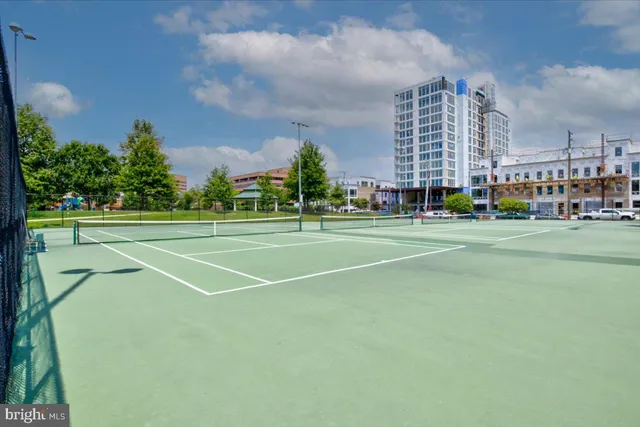 a view of a tennis ground with large trees