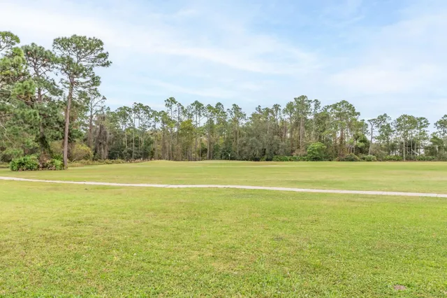 a view of outdoor space with signage and flags