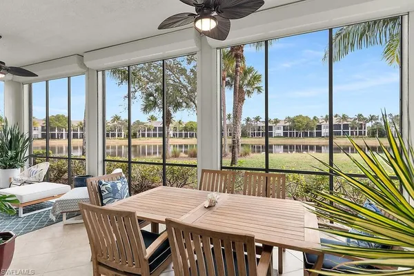 a view of a dining room with furniture window and outside view
