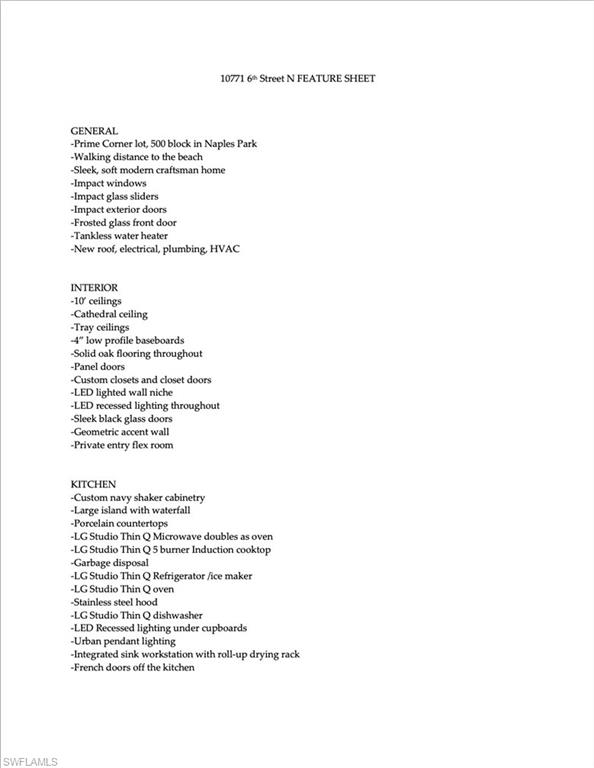 10771 6th Street North Naples, FL 34108 - Photo 38 of 39 Property Feature Sheet Page 1 of 2