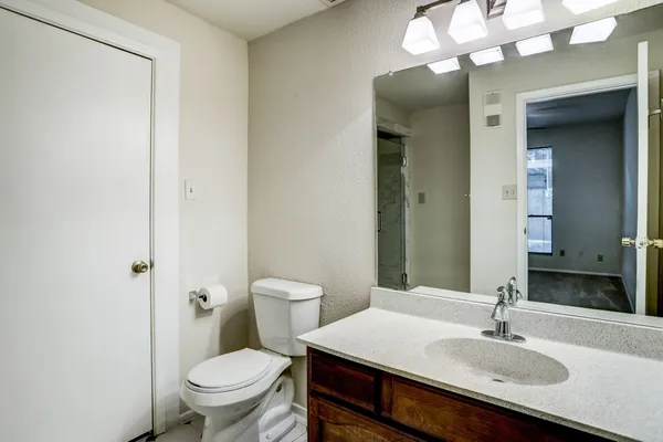 a bathroom with a sink a toilet and a mirror
