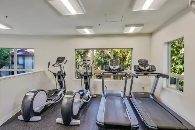 a room with gym equipment and large windows
