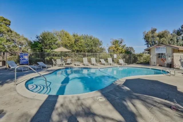 a view of a swimming pool with a yard