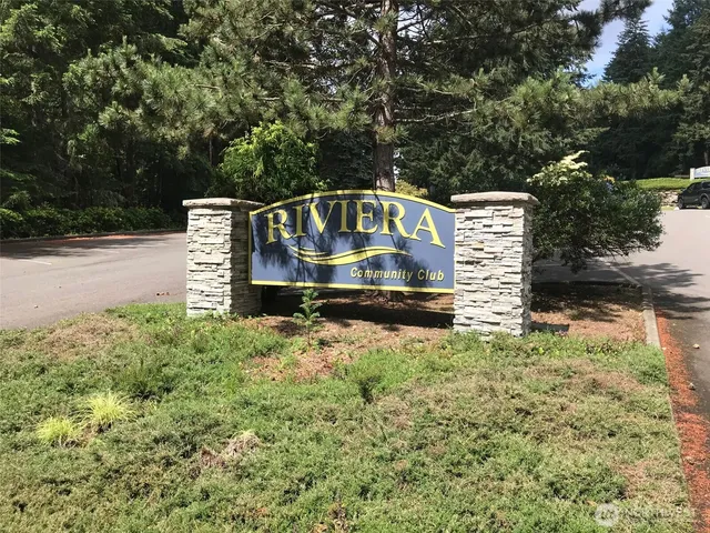 a view of a garden with large trees