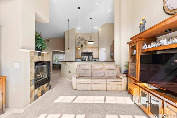 a living room with furniture a flat screen tv and a fireplace