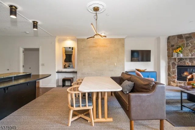 a room with furniture a rug and a chandelier