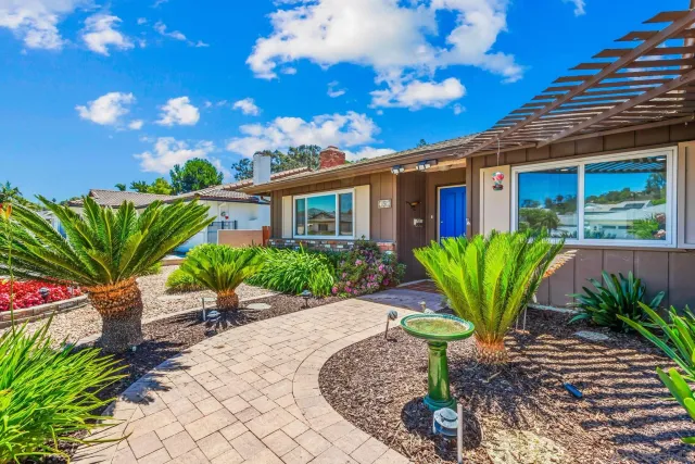 a view of a backyard with plants and a patio