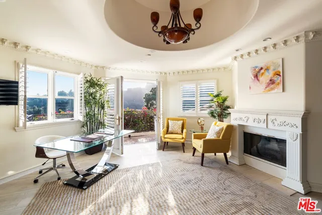 a living room with furniture a fireplace and a potted plant