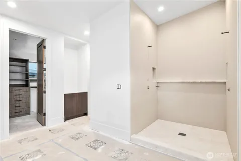 a view of a room with a large window