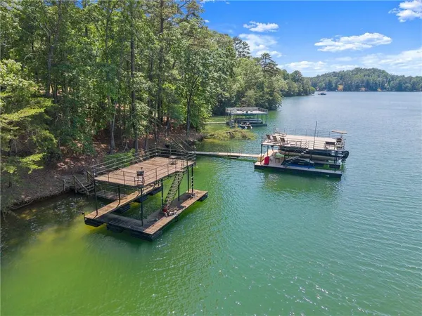 a house view with a lake