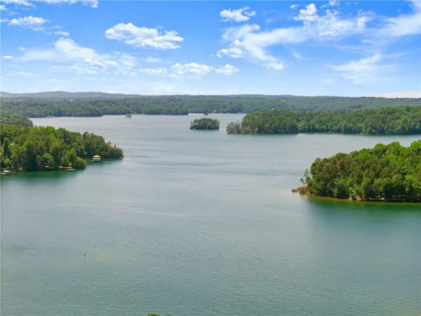 an aerial view of a house with a lake view