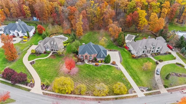 an aerial view of a swimming pool
