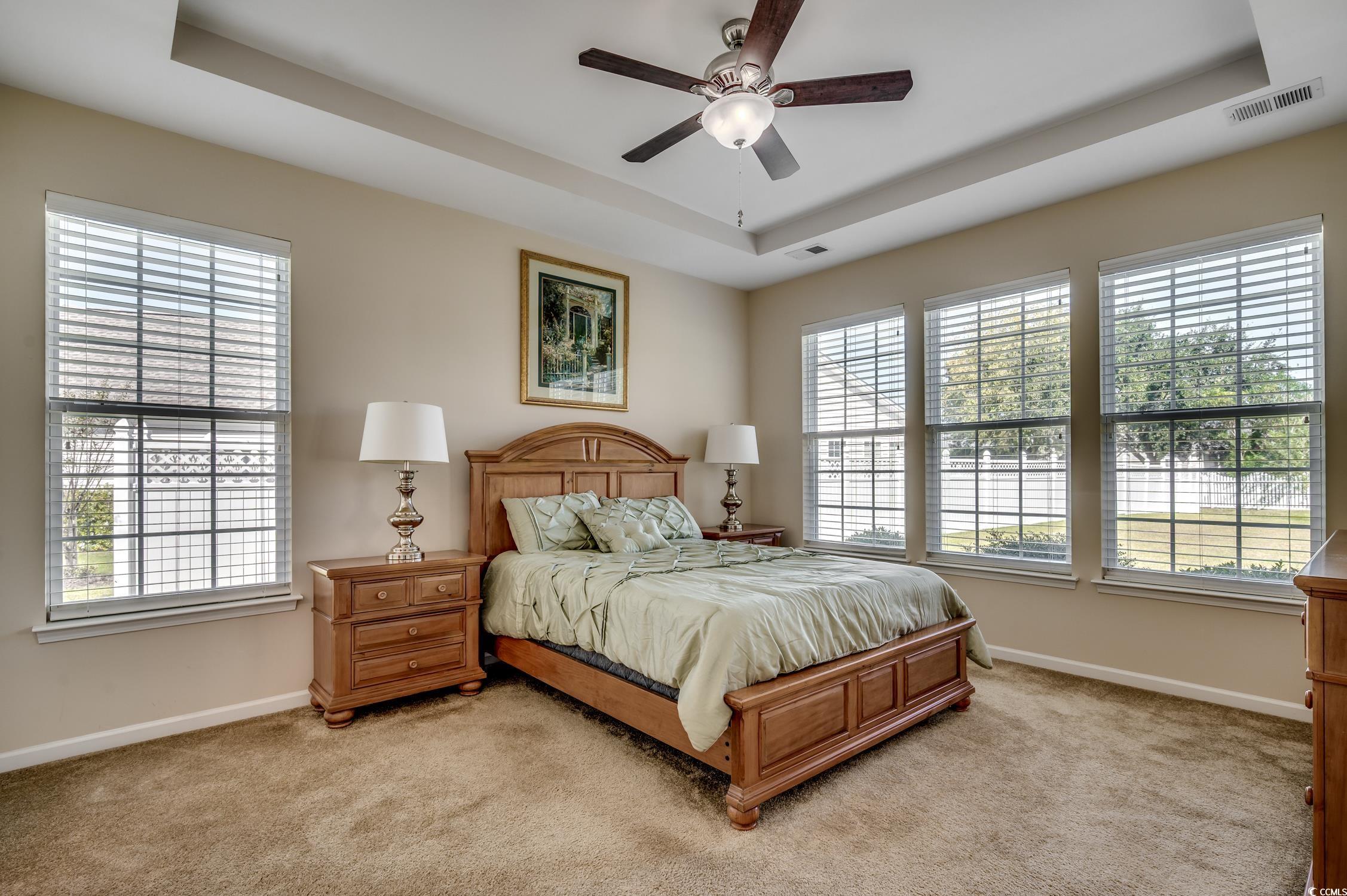 202 Fox Den Drive Murrells Inlet, SC 29576 - Photo 20 of 35 Bedroom featuring a tray ceiling, carpet floors, and a ceiling fan