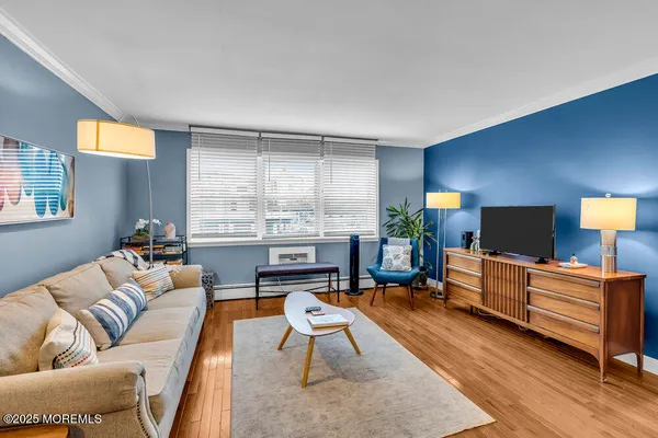 a living room with furniture a rug and a flat screen tv