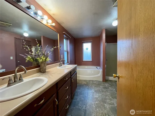 a bathroom with a double vanity sink a large mirror and a bathtub