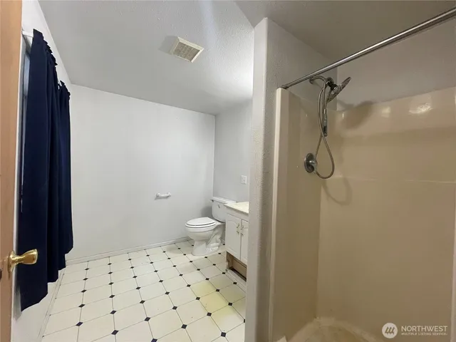 a bathroom with a shower toilet and sink
