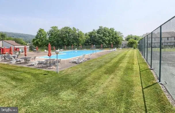 a view of a park with large trees