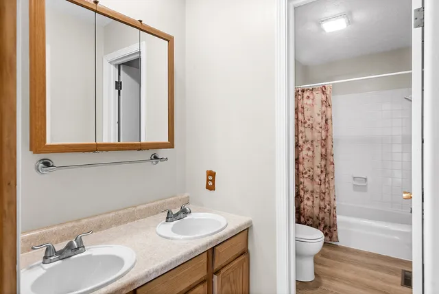 a bathroom with a sink a toilet and shower