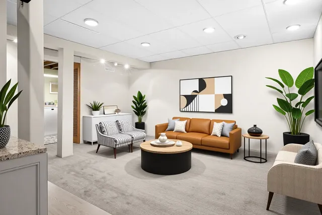 a living room with furniture and a potted plant