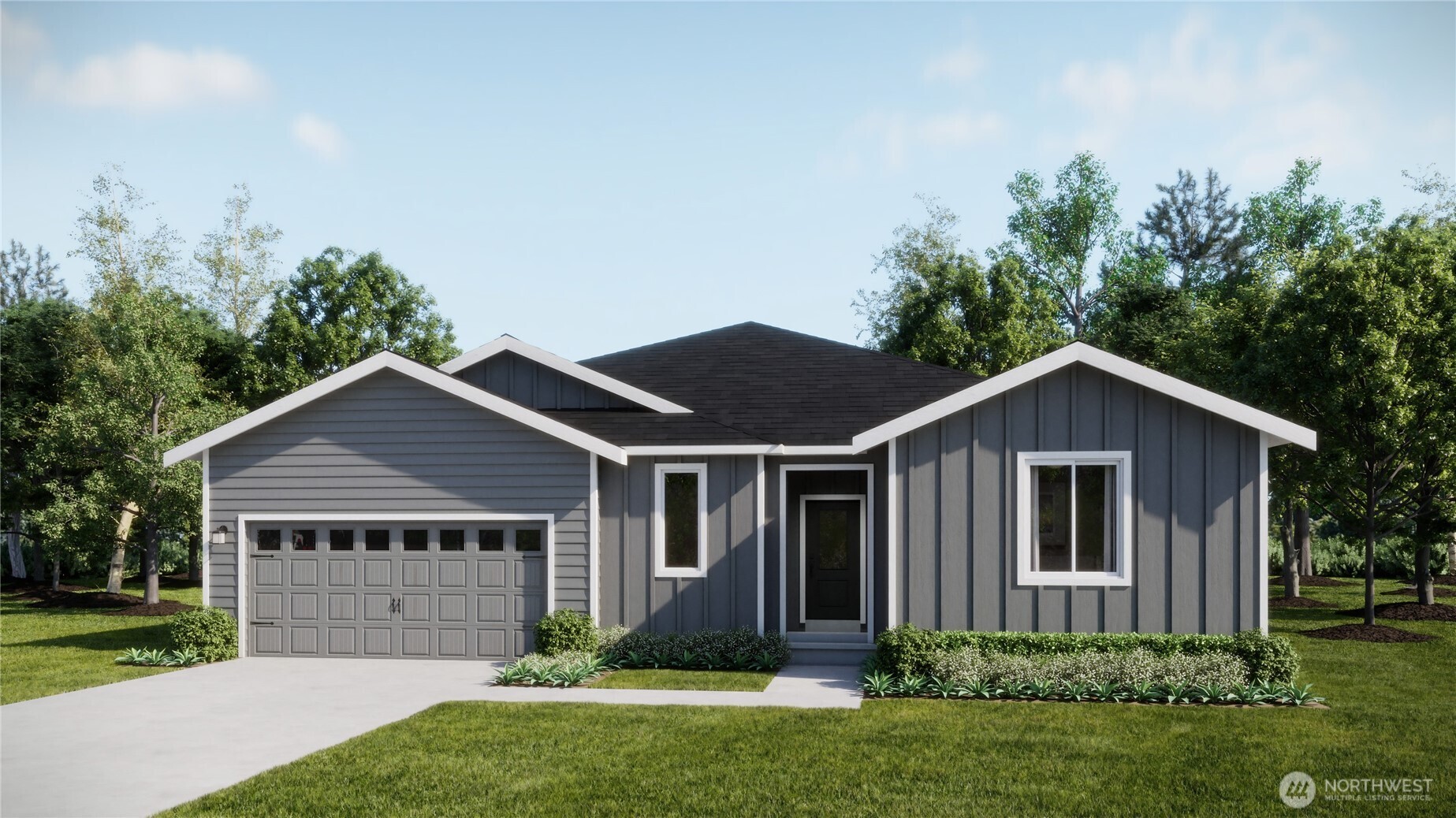 a view of a yard in front of a house with plants and large tree