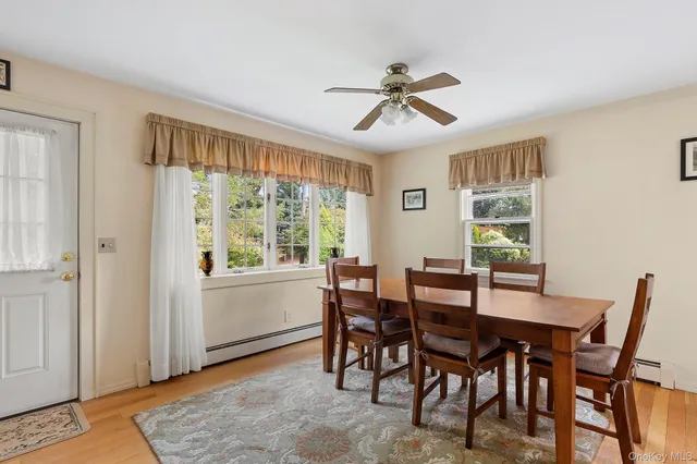 a view of a dining room with furniture window and wooden floor