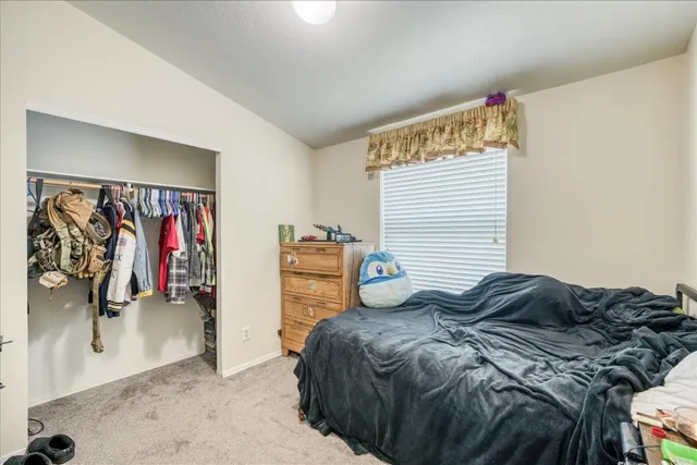 a bedroom with a bed and a walk in closet