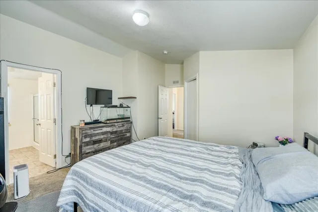 a bedroom with a bed and a flat screen tv