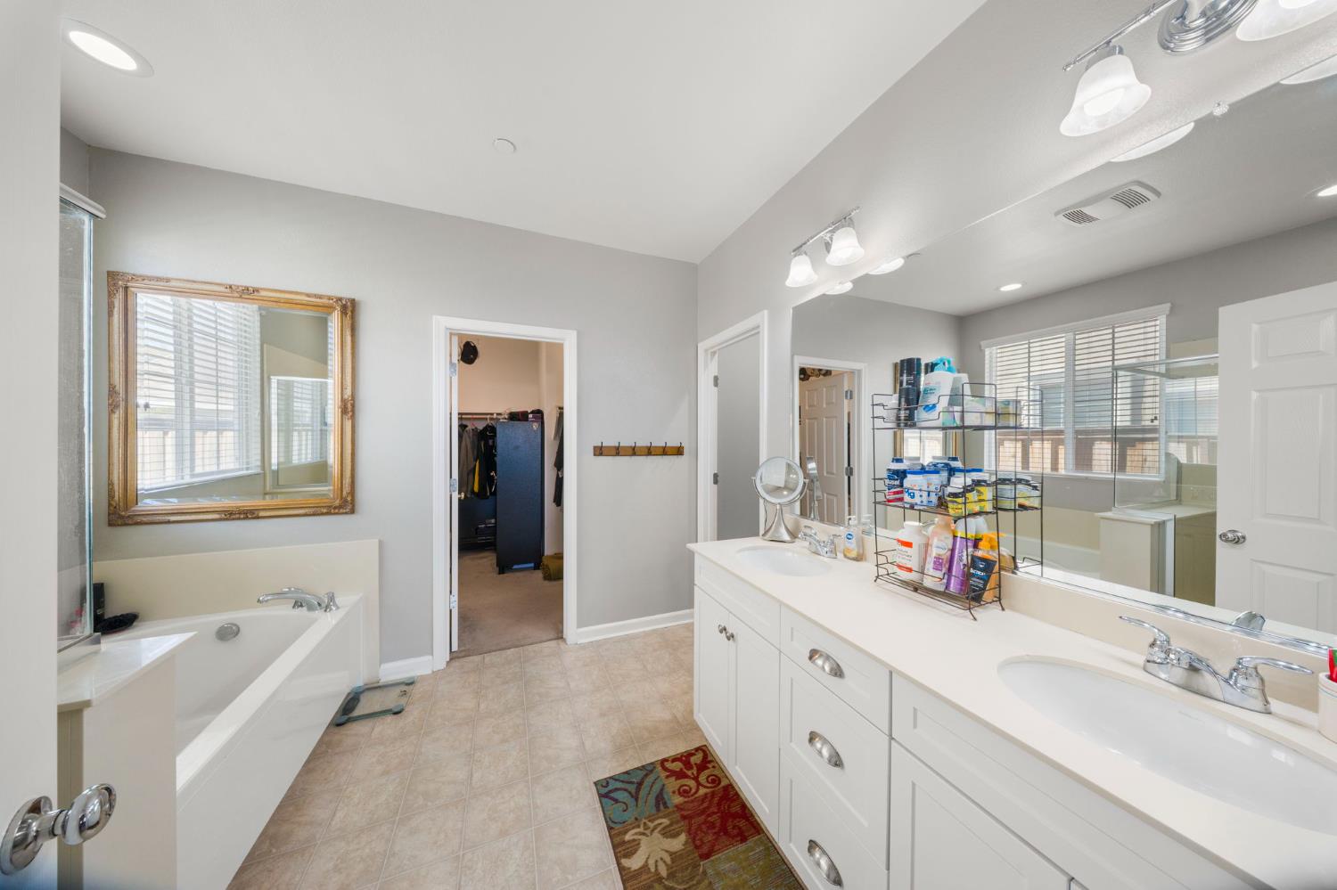 2685 Remy Javier Street Tracy, CA 95377 - Photo 21 of 26 a bathroom with a double vanity sink a mirror and a bathtub