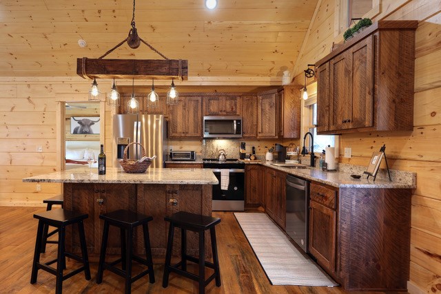 956 Lemmon Lane Ellijay, GA 30540 - Photo 19 of 60 a kitchen with stainless steel appliances a stove a sink dishwasher and cabinets with wooden floor