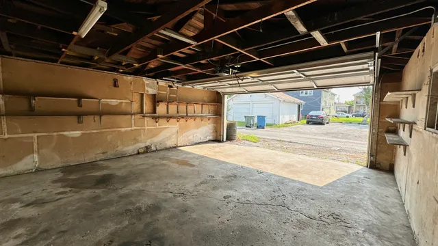 a view of a garage with wooden table