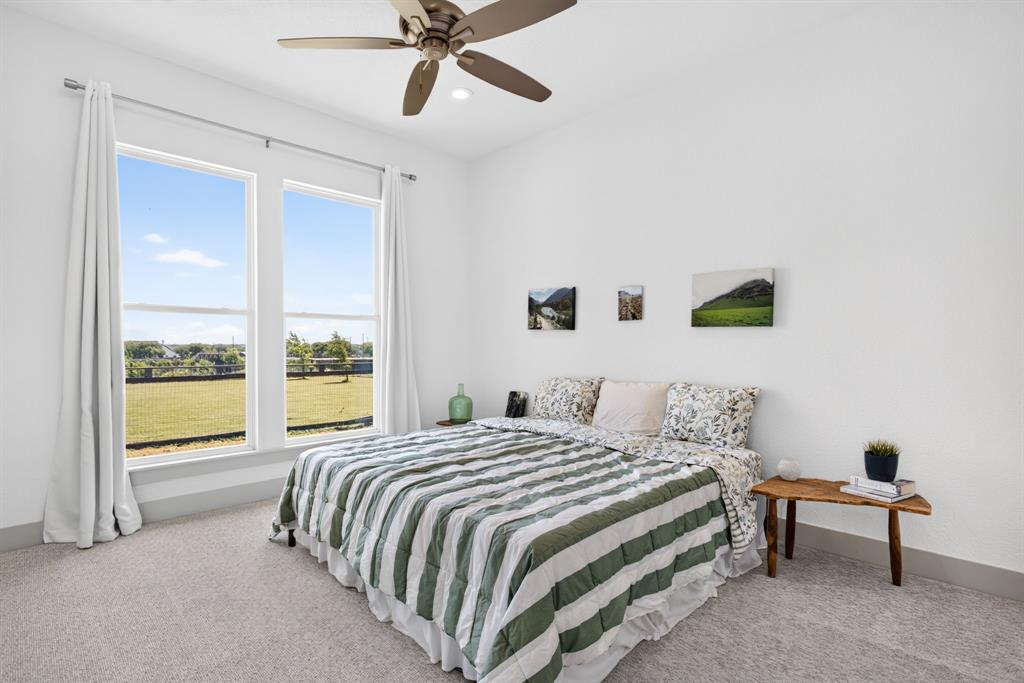 3008 Perkins Weatherford, TX 76088 - Photo 26 of 36 Bright bedroom featuring two large windows, an overhead ceiling fan, white walls, and light-colored carpeting