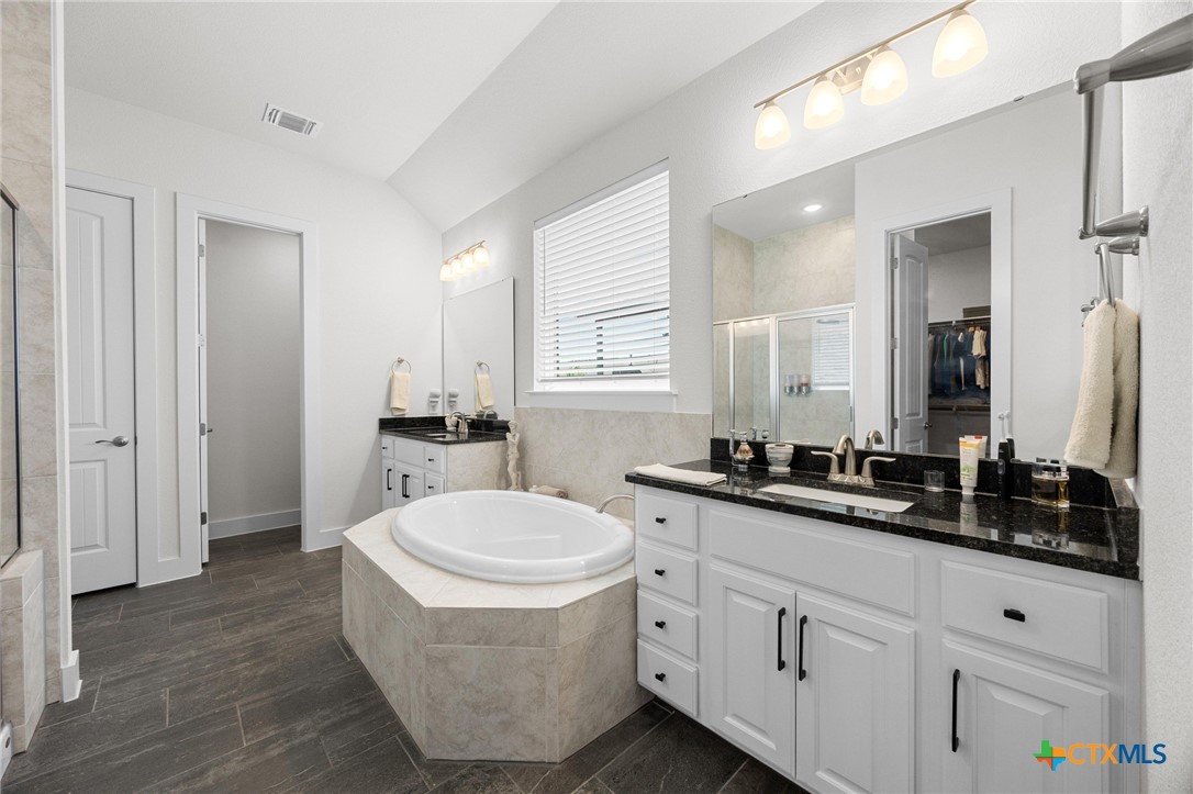 109 High Plains Drive Georgetown, TX 78628 - Photo 19 of 43 a bathroom with a double vanity sink a mirror and a bathtub