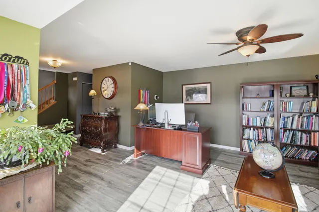 a living room with furniture and a potted plant